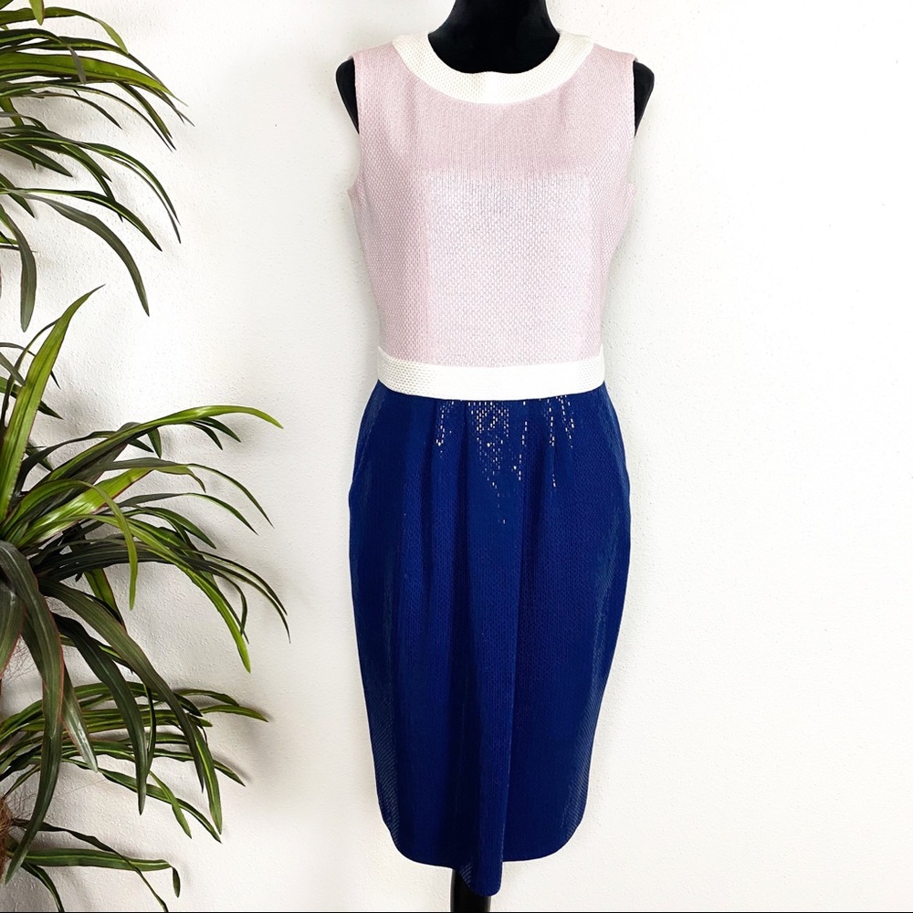 ST. John Blue And Light Pink Sequin Wool Sleeveless Woman’s Midi Dress Size 10